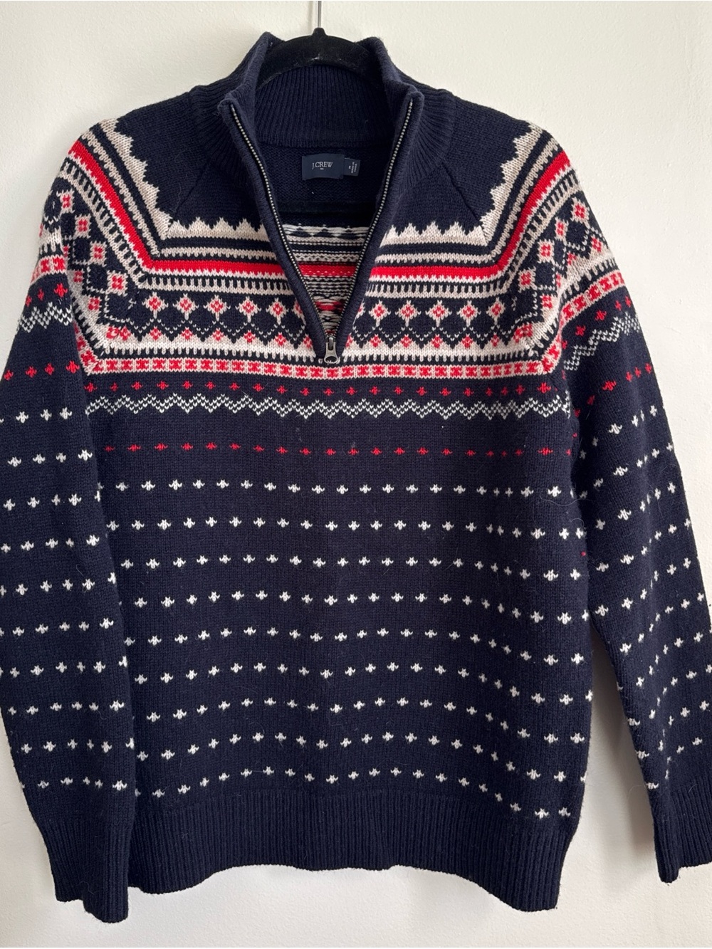 J. Crew Navy Fair Isle Half-Zip Sweater with Red & White Accents